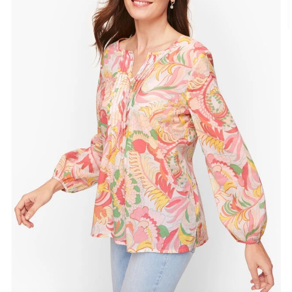 Talbots Floral Pintuck Split V Neck Colorful Long Sleeve Blouse Top 3X